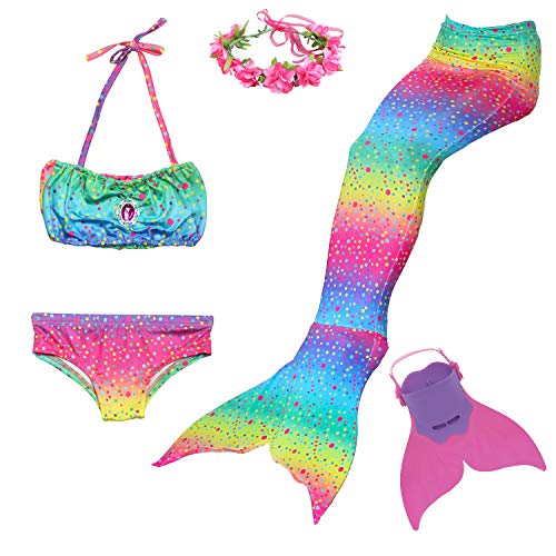 Romance Zone Cola de Sirena para Natación 5pcs Traje de Baño Mermaid Bikini Establece Disfraz de Sirena para Niña Princesa Cosplay Conjuntos con Diadema de Flores y Monofín