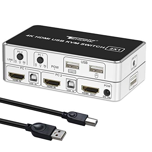 Tendak HDMI KVM Switch USB 2 Puertos PC Computadora KVM Switch Teclado Mouse Switch Box con Puerto USB para Impresora, Soporte de Memoria USB 4K@30Hz para Computadora Portátil PS4 Xbox HDTV