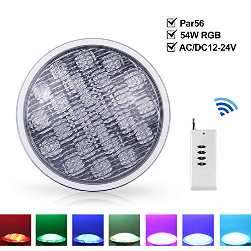 Roleadro Par 56 Led Para Piscina 54W Foco Piscina con Control Remoto,IP68 Led Sumergible de Lámpara Impermeable RGB para Decoración Piscina Swimming Pool Lights 56 Efectos de Luz [AC/DC 12-24V]