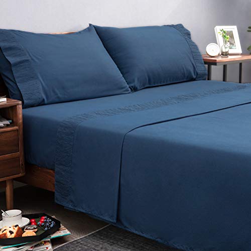 Bedsure Juego de Sábanas 180x190/200 cm - 4 Piezas - Sábana Bajera Ajustable Cama 180 con Encimera 280x275cm 2 Fundas de Almohada 50x80cm - Azul Marino