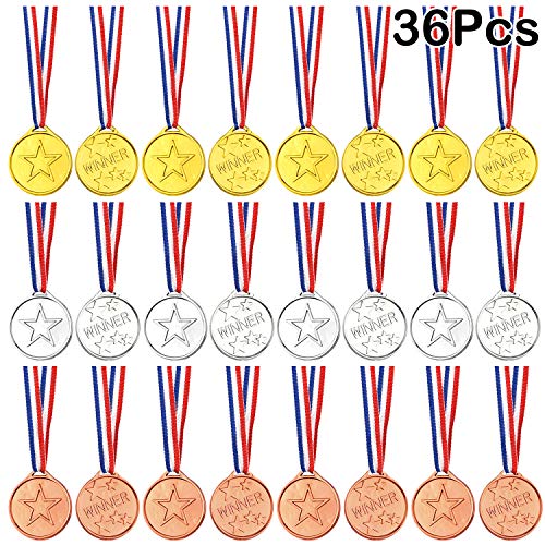 FEPITO 36 Piezas Ganador Medallas Niños Plástico Medallas de Oro Medallas de Plata y Medallas de Bronce para niños Fiestas Decoraciones y premios Deportivos