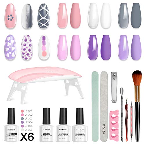 LOYFUN Set de Uñas de Gel con UV Lámpara LED para Uñas 6W,6 Colores(Soak Off) Kit de Esmaltes de uñas de Gel Semipermanentes Base y Top Coat Superior Brillante/Mate para el Bricolaje en Casa