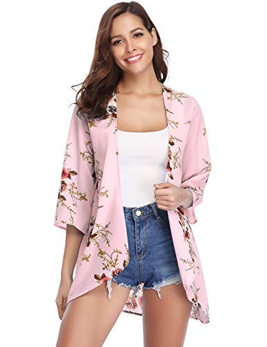 Aibrou Women's Floral Kimono Cardigans，3/4 Sleeve Tops Loose Floral Blouse Casual Boho Style Capes