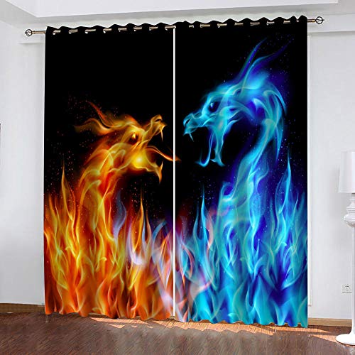 LIGAHUI Cortinas Opacas 3D Dragón de Fuego Negro y Hielo 2X 140x 245cm(An x Al) Cortinas 2 Paneles 3D Cortinas con Ojales para Habitación Cortinas Termicas Aislantes Frío y Calor