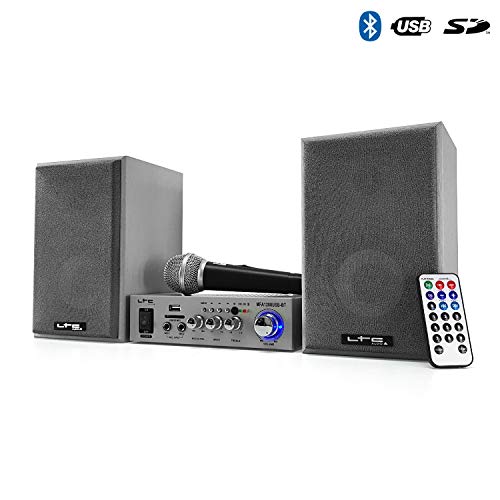 LTC AUDIO HiFi Karaoke Pack 2 Altavoces envolventes Plateados de 100 W + Bluetooth/USB/SD + Micro Amp