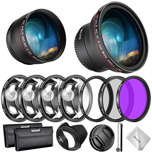 Neewer 58mm Kit Accesorios de Lente y Filtro para Canon Rebel EF-S Lente de 18-55mm: 0,43X Lente Gran Angular, Teleobjetivo 2,2X, UV/CPL / FLD/Kit Filtro y Filtro Macro, Parasol, Tapa, Bolsa, etc.