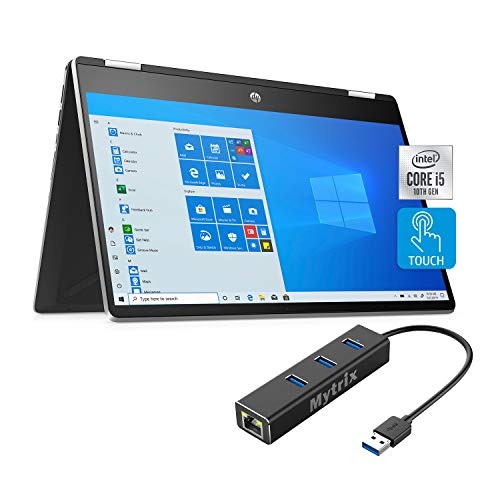 2020 HP Pavilion x360 2 en 1 táctil portátil, 14" IPS Full HD PC, Core i5-1035G1 de 4 núcleos hasta 3,60 GHz, 8 GB de RAM, 256 GB SSD, USB-C, Webcam, Wi-Fi 6, Mytrix Ethernet Hub, Win 10