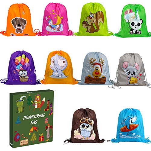 Anpro Kit de 10 Bolsos para Fiestas Infantil,Bolsas de Cuerdas para Niños,Mochila con Cordón,Regalo para Fiestas,Cumpleaños,Navidad