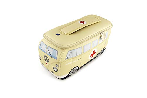 BRISA VW Collection Volkswagen VW T1 Bus Bolsa Universal de Neopreno, Estuche para lápices, Caja de papelería, Neceser,Bolso de Maquillaje-Cosméticos-Aseo para Escuela/Oficina/Regalo (Ambulance/Beige)