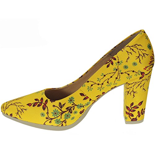 CHAMBY 4795 Salón de Raso Motivos Florales Tacón Ancho 8,5CM para Mujer Amarillo Talla 40