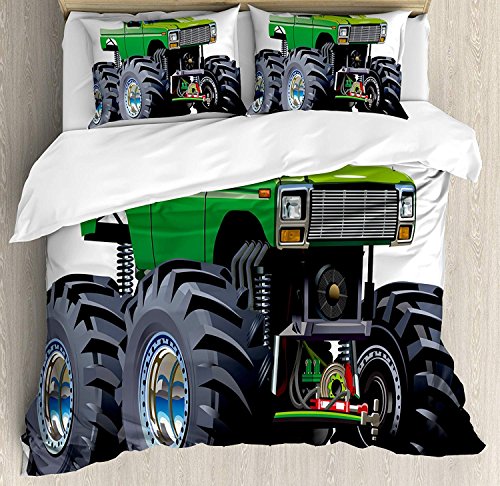 Juego de funda nórdica Cars, camioneta Giant Monster con llantas grandes y suspensión con estampado de la rueda más grande extrema, juego de cama decorativo de 3 piezas con 2 fundas de almohada, verde