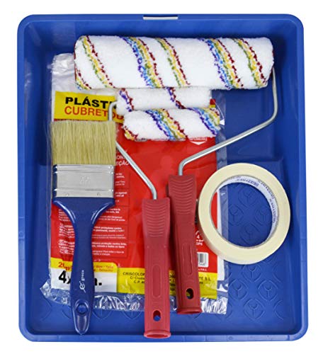 KIT Rodillo de pintura Antigoteo + Brocha + Mini rodillo y recambio + Cubretodo 20m² + Cubeta grande + Cinta de pintor