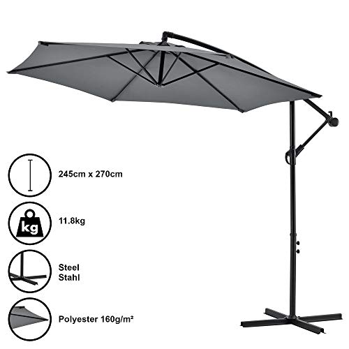 [casa.pro] Sombrilla Colgante Parasol excéntrico para Balcón Terraza Jardín Diámetro Pantalla 270 cm Protector Ajustable Mástil de Acero con Manivela Gris