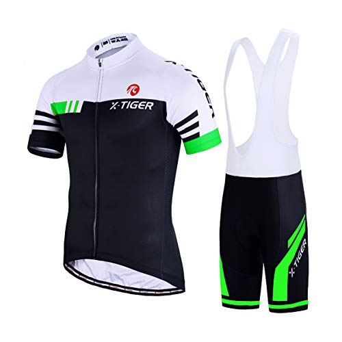 X-TIGER Hombres de Bicicleta con 5D Gel Acolchado MTB Ciclismo Tirantes Culotte Pantalones Cortos Culotes (XL, Verde y Blanco)