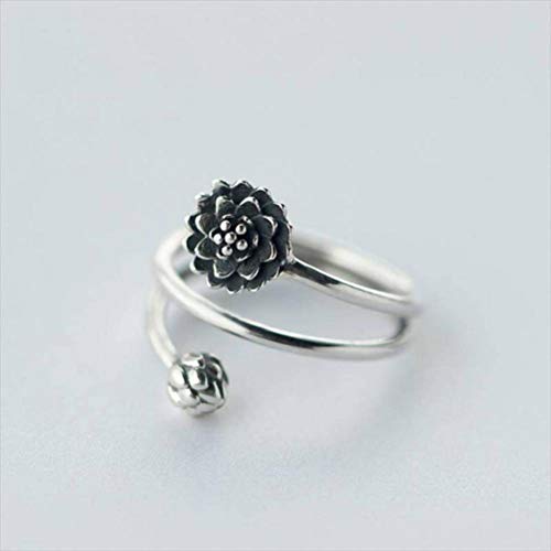 K - Rings S925 Anillo de Plata Moda Nacional Retro Tailandesa de Plata de Tres Capas Flor de Loto 苞 Abrir Dedo Índice Anillo Femenino, Anillo de Plata S925