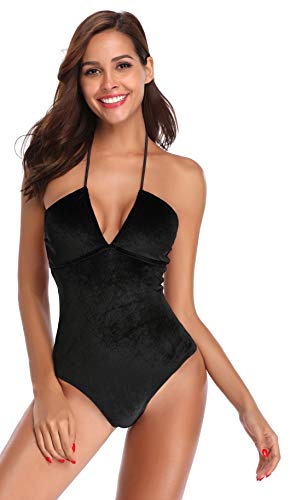 SHEKINI Mujer Vestido de una Pieza de Terciopelo Bikini con Cuello en V Sexy Busto diseño Sling Encaje Fiesta de Navidad Traje de baño Traje de baño (S, Negro)