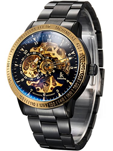 Alienwork IK Reloj Mecánico Automático Relojes Automáticos Hombre Mujer Acero Inoxidable Negro Analógicos Unisex Impermeable Esqueleto