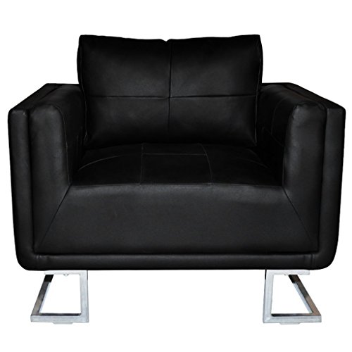 Festnight Sillón de Cuero de Cubo Lujoso Patas Cromadas Color Negro 85,5 x 63 x 74 cm