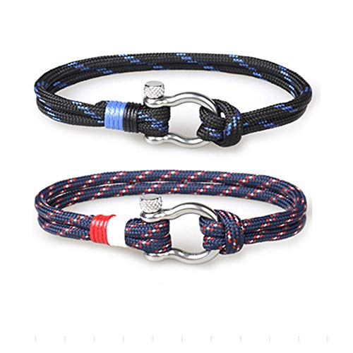 2PCS Pulsera Cuerda Trenzada Náutica de Cuerda Marina Hombre Mujer acero tornillo grillete acero chica Pulseras marineras surfero Brazalete Cuerda Cadena Pulsera Surfista Surfer Cuerda Ajustable 21CM