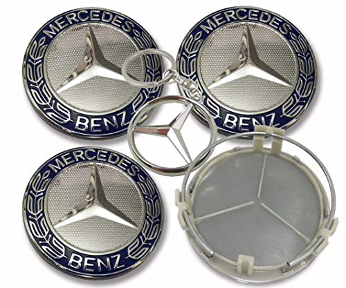 4X Tapacubos Mercedes 75mm Tapas Centrales Rueda,1 Llavero de Regalo Incluido,para Llantas de aleacion Clase E Clase C Cl CLS SLK ML GLK Clase A Clase B Amg