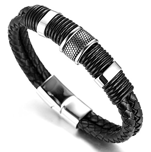 Halukakah ● Solo ● Hombre Piel Auténtica Pulsera de Titanio Acero Inoxidable Negro 8,46" Libre de (21,5 cm) con Caja de Regalo