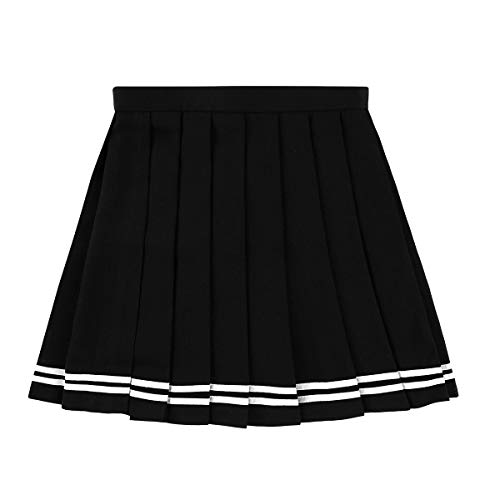 IEFIEL Falda Plisada Mujer Mini Falda Escolar Falda Corta Colegiala Uniforme Falda Escocesa Cintura Alta Elática para Chicas Negro Rayas S