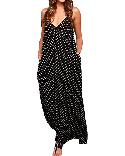 ZANZEA Mujeres Elegante Bohemio Algodón Casual Vestido Suelto Largo Playa Lunares Cuello V sin Mangas Negro EU 44