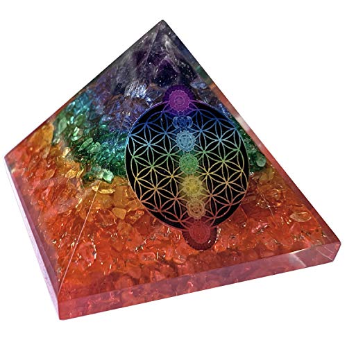 CHONIT Orgonit Pyramide Chakra-Mix jaspeados con símbolo Flor de la Vida, EMF-protección contra la radiación, pequeño con Bergkristall como Deko para el hogar