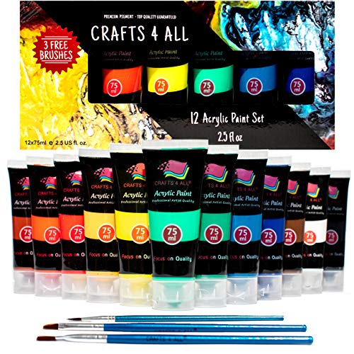 Crafts 4 ALL Set de Pintura Acrilica 12 Colores Premium para Artistas, Estudiantes y Principiantes, Perfecto para Paisaje y Pinturas sobre Lienzo (75 mL)