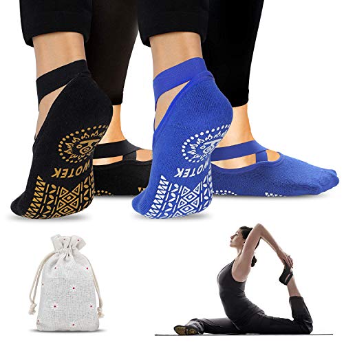 ISUDA Calcetines de Yoga Pilates para Mujer, 2 Pares de Calcetines Pilates Yoga Antideslizantes, con Asas y Correas, para Yoga Pilates, Barra, Ballet, Fitness,Entrenamiento Descalzo(Negro/Azul)