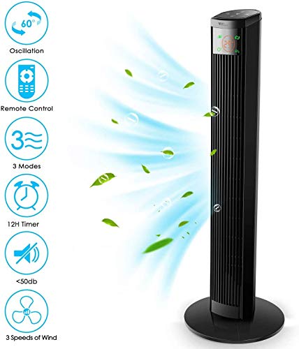 amzdeal Ventilador de Torre con Control Remoto - 96 cm Ventilador Vertical con 3 Velocidades y 3 Modos de Viento, Pantalla LED & Panel Táctil, Temporizador 12H, Oscilante 60°, Silencioso, 45 W, Negro