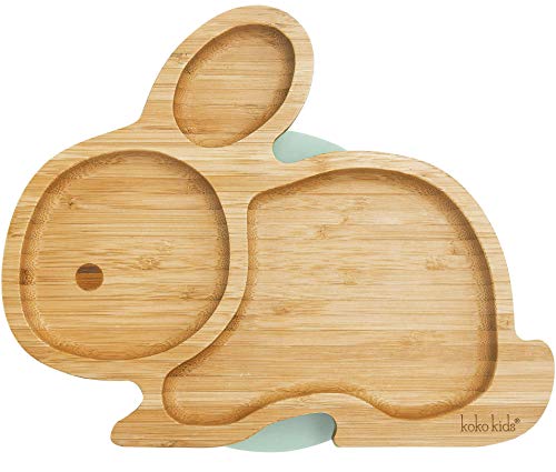 Placa de succión de conejo hecha de bambú natural ~ Placa de alimentación para bebés y niños pequeños con un anillo de succión fuerte (Verde menta)