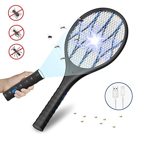 DOUHE Antimosquitos Recargable Raqueta Matamoscas Electrica , Mata Mosquitos Electrico, 4000 Voltios, Iluminación LED, Linterna Extraíble, Malla de Seguridad Unica de 3 Capas Segura Para Tocar