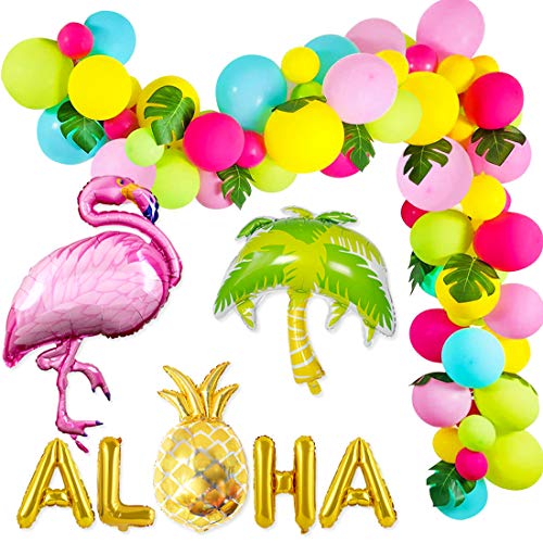 Kreatwow Guirnalda de globos tropicales Hawaiana Luau Aloha Balloon Arch Kit Globo Banner para decoraciones de cumpleaños Flamingo Paquete de 101