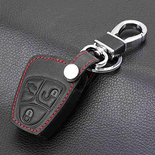 XUWLM Llaveros de automoción Llavero de Cuero Cubierta de Cartera Conjunto de Bolsa Llavero para Mercedes Benz Clase Aces ML CLK SLK Accesorios remotos de Llavero Antiguo, 3 Botones Negro