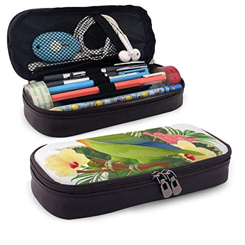 Pencil Case Big Capacity Storage Holder Desk Pen Pencil Marker Stationery Organizer Pencil Pouch with Zipper,Exotic Agapornis Parrot On Branch With Hibiscus Flowers And Leaves Illustration