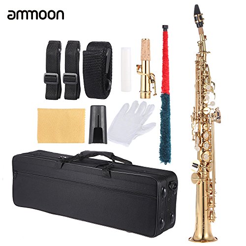 ammoon Recta de Latón Soprano Sax Saxofón Bb B Flat Instrumento de Viento de Madera Patrón Natural de Shell Key Carve Estuche de Transporte Guantes Paño de Limpieza Correas de Grasa Limpieza de Rod