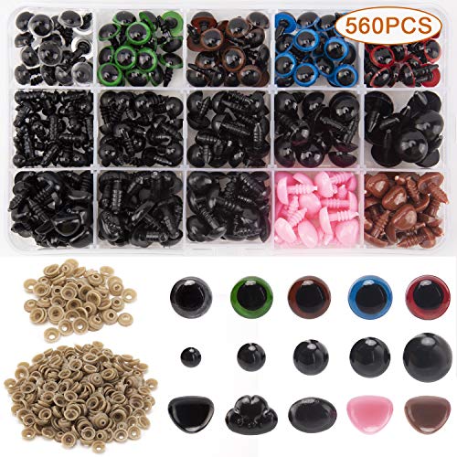 AIEX 560pcs Colorful Eyes and Noses, Includes 170pcs Plastic Safety Eye and 110pcs Safety Nose with 280pcs Washer Multiple Sizes for Doll, Teddy Bear Craft Making