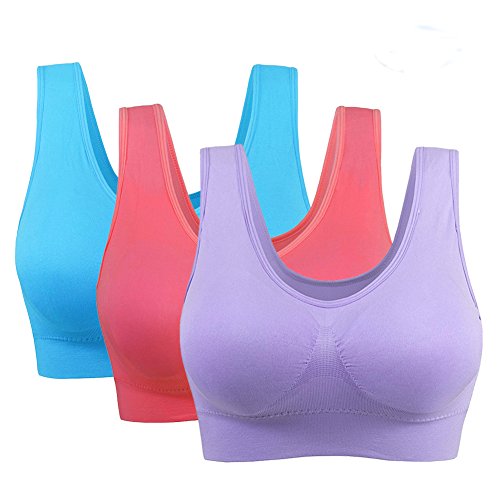 3 Piezas Sujetador Deportivo para Mujeres Sin Costuras Yoga Racerback Top con Almohadillas Extraíbles Ultimate Corriendo Gimnasio Ropa (XL: 40/42, Azul&Sandía&Morado)