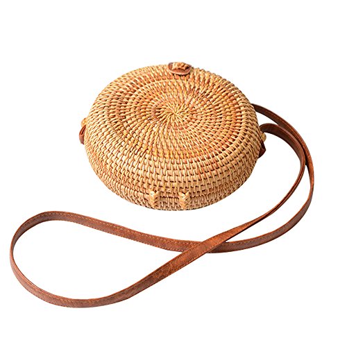 Bolso Bandolera Rafia,Bolso Bandolera de Redonda Bolsa Playa Viaje Hecho De Mano Bambú Redonda De Estilo Bolsos Paja Estilo Natural Playa Mujer Adecuado para Verano y Viajar (Estilo 6)