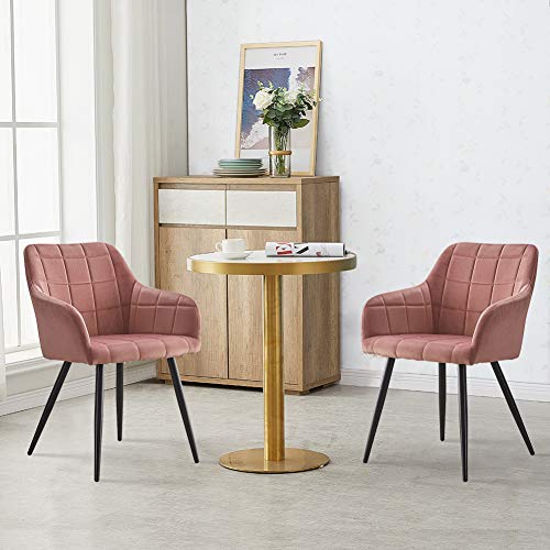 OFCASA Pack 2 Sillas de Comedor Tapizadas Silla de cocina con Reposabrazos Terciopelo Sillón para Sala de Estar, Patas de Metal, Rosa