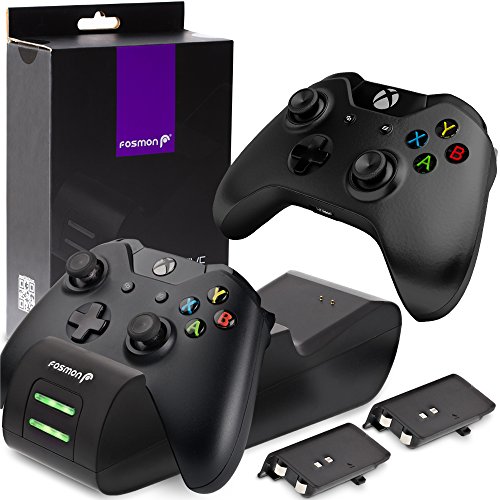 Fosmon Dual Base de Cargador Compatible con Mando Xbox One/One S/One X/Elite, (Doble Estación) Estación de Carga Rápida con 2X 1000mAh Ni-MH Batería Recargable - Negro