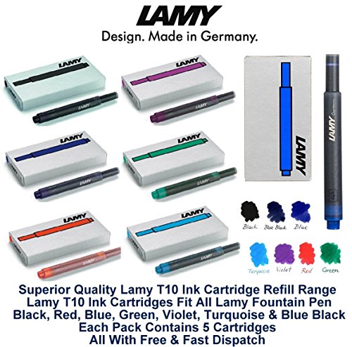 Lamy T10 Surtido Color Paquete Fuente Pluma Cartuchos De Tinta Recambios Repuesto Reemplazo Para Todos Los Lamy Estilográfica Plumas (1 Paquete De Cada Color - 7 Paquetes - 35 Cartuchos - Negro, Rojo, Lavable Azul, Verde, Violeta / Violeta, Turquesa & Azu