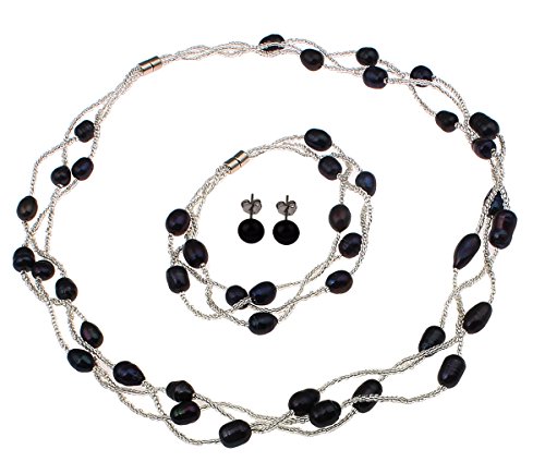 TreasureBay - Conjunto elegante de collar, pulsera y pendientes de perlas naturales de agua dulce de color azul oscuro, presentado en una bonita caja de regalo