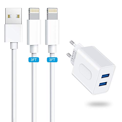 Everdigi Cargador Enchufe Adaptador USB 12W + Cable de Carga para iPhone 5 6 S 7 8 X S Plus (2 * 1m)