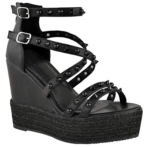 Fashion Thirsty Mujer Cuña Alta Sandalias de Fiesta Tachuela Zapatos de Plataforma Rock Alpargatas Talla por Heelberry - Piel Sintética Negro, 39