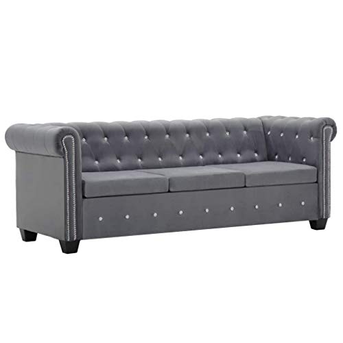 Festnight Chesterfield Sofá de 3 Plazas Sofas Salon Modernos de Terciopelo Gris 199x75x72 cm