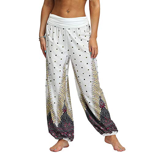 Nuofengkudu Mujeres Hippies Pantalones Largos Cintura Alta Boho Flores Impreso Suelto Yoga Pants Verano Playa Fiesta Tailandeses Harem Pantalón (Blanco Pavo,S)