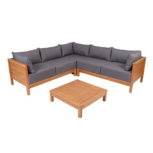 greemotion 128640 Lounge Juego Goa de Muebles de Madera de Acacia Juego de 3 Piezas para jardín y terraza de Exterior Conjunto Gris con Esquina Banco & Mesa Taburete de, Marrón, 22,6 x 22,6 x 6,4 cm