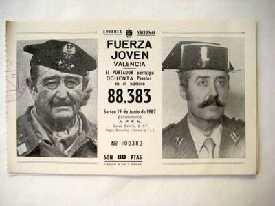 Papeleta Loteria - Ballot Lottery : FUERZA JOVEN, VALENCIA. Con foto de Tejero y Millán del Bosch